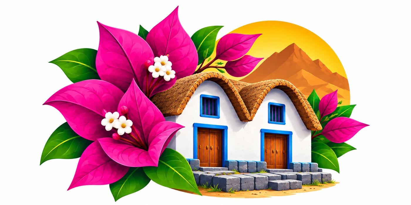 Ilustración de una casa tacneña con bugambilias y el morro al fondo