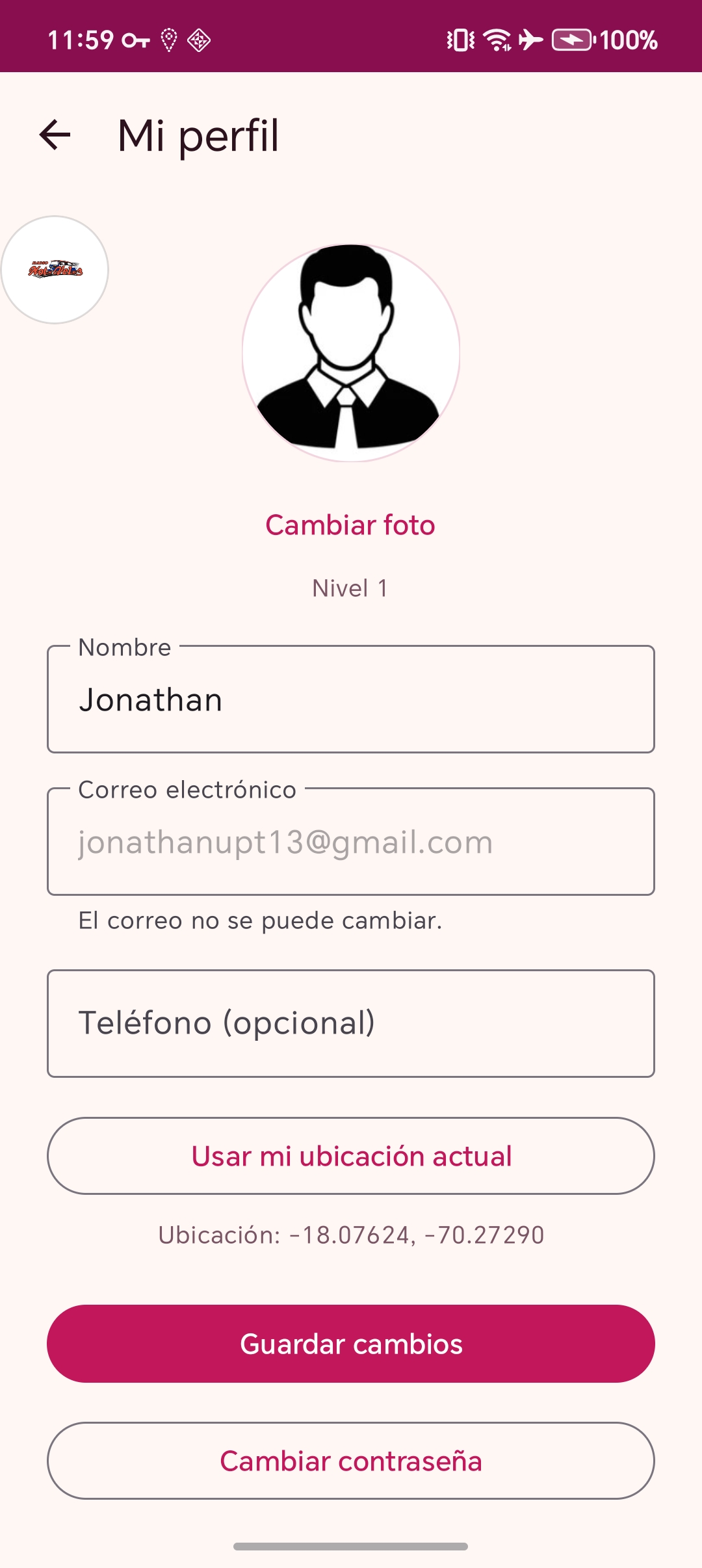 Pantalla Mi perfil para editar nombre, teléfono, foto y ubicación