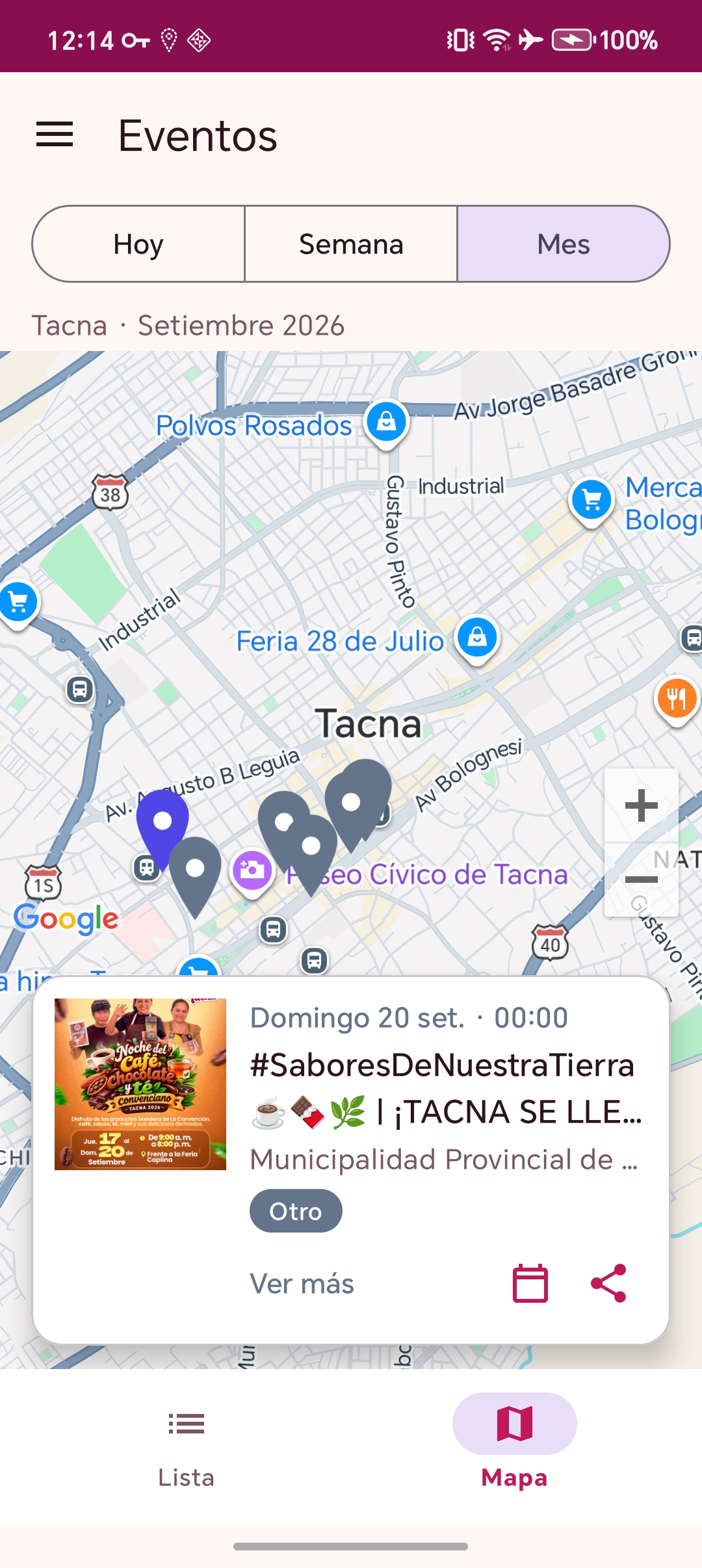 Mapa de Tacna con marcadores de eventos y ficha del evento seleccionado