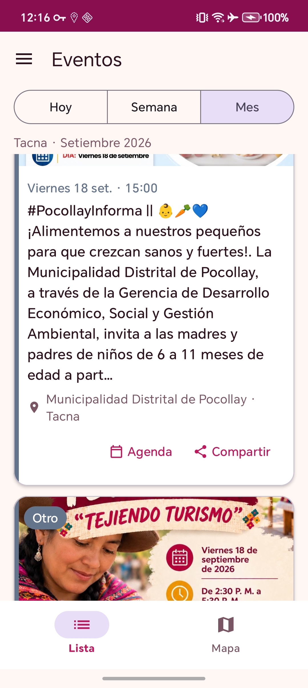Listado de eventos de Tacna con fecha, hora y ubicación