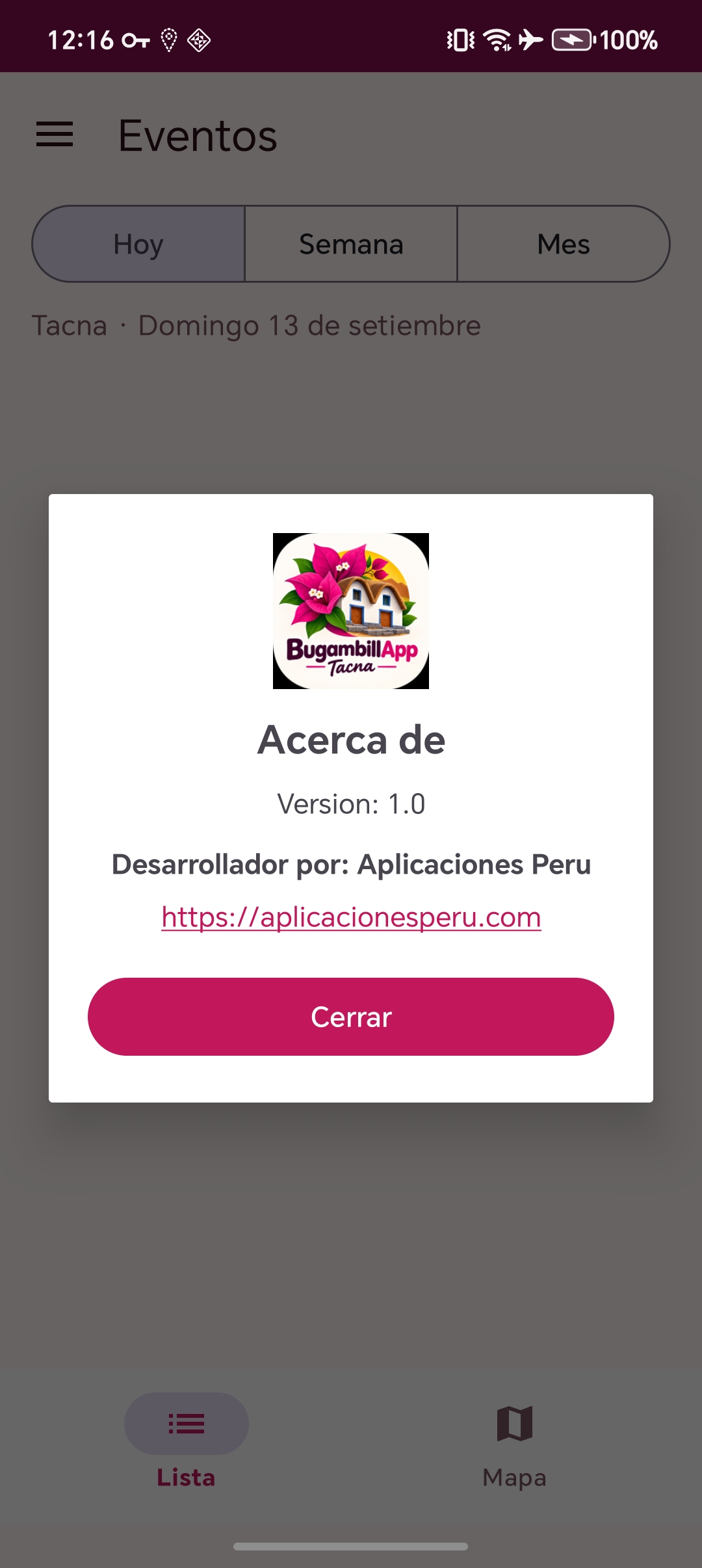 Ventana Acerca de con la versión de la app y el desarrollador Aplicaciones Perú